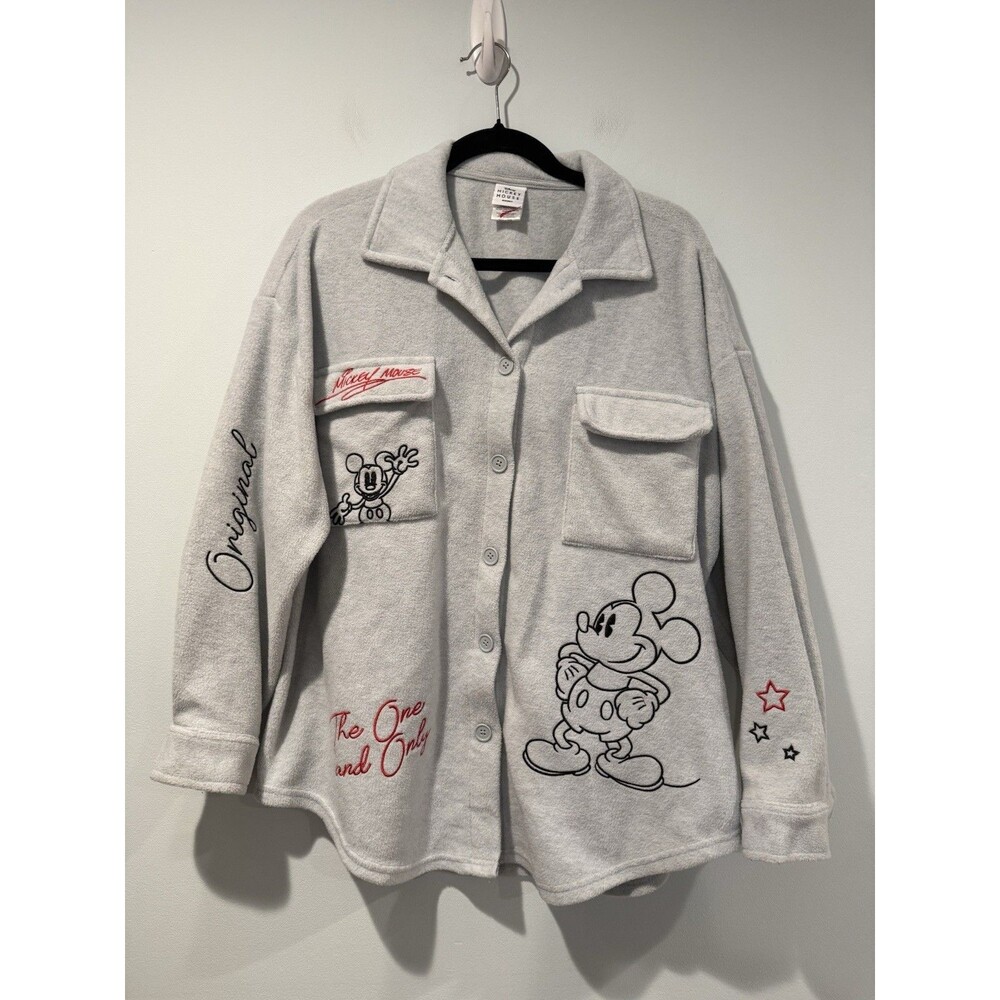 Disney Mickey Mouse Fleece Top Shacket Womens XL Button Up Embroidered Travel